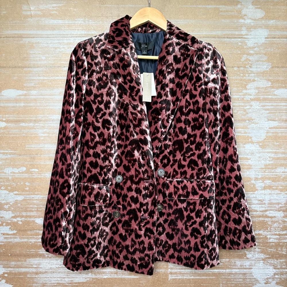 J. Crew NWT Rimbaud Rose Double Breasted Velvet Blazer Leopard Print Size 0